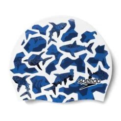 Speedo Printed Silicone Swimming Cap White Dark Blue Kids