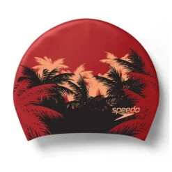 Speedo Long Hair Printed Swimming Cap Red Black Light Orange